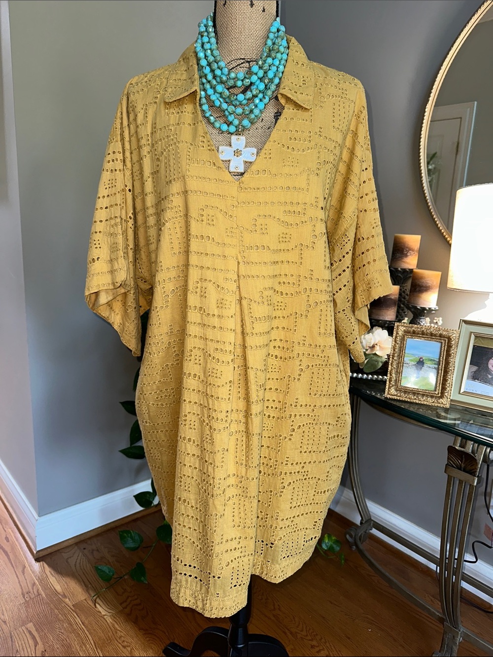 Mirth Collared Mustard Eyelet Midi Dress NWOT size XL